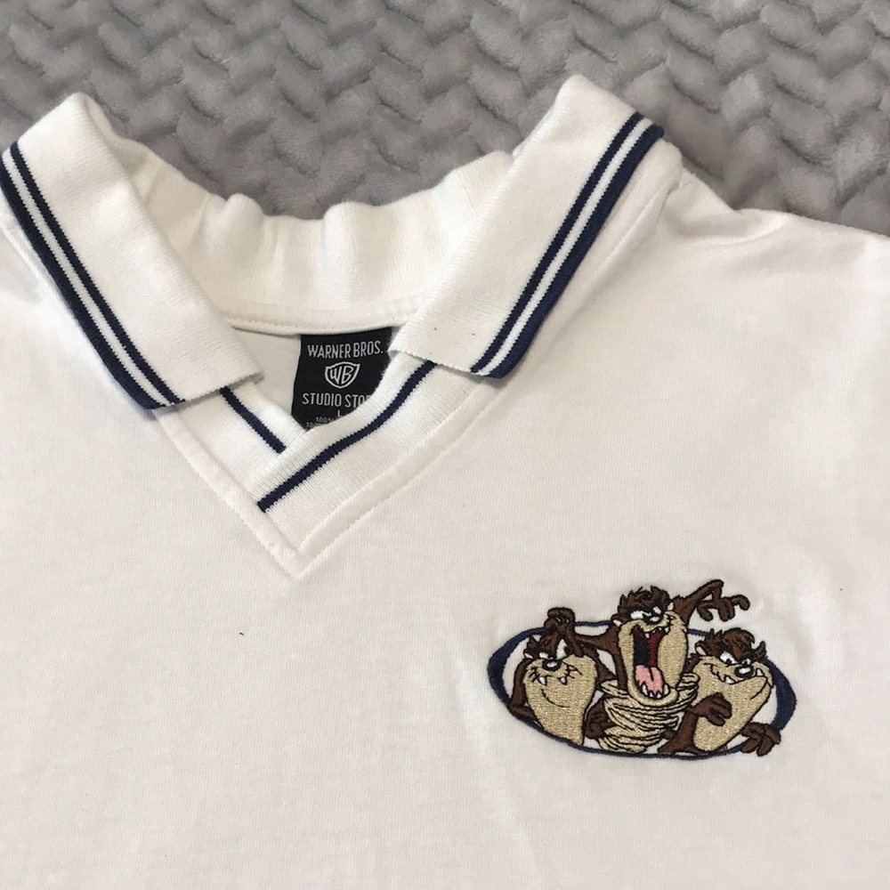 Warner Brothers Mens Polo Shirt, Size L, Colour White with Tasmanian Dev…